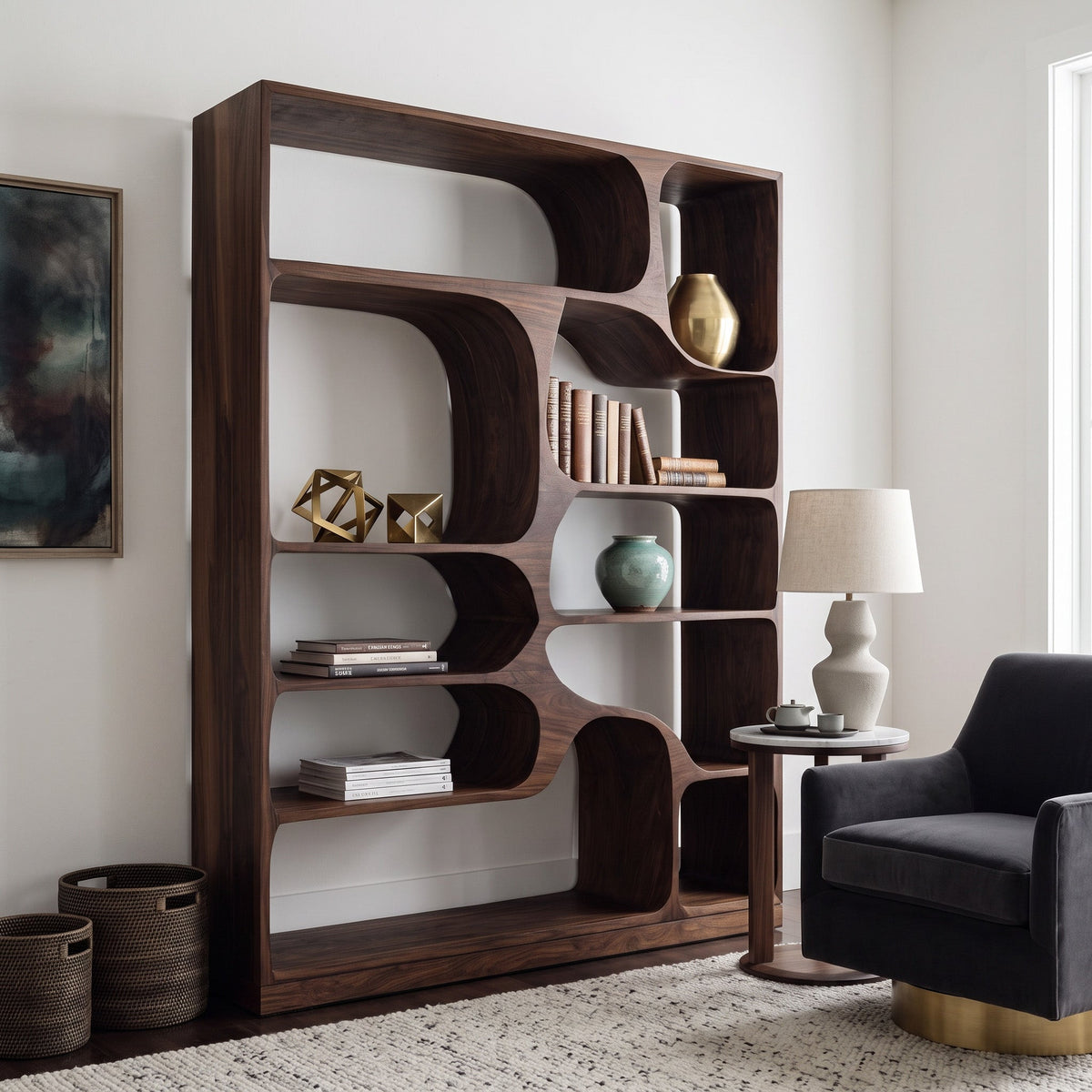 Rounded Cubby Wood Bookcase with Curved Dividers, 63 to 93 in Tall