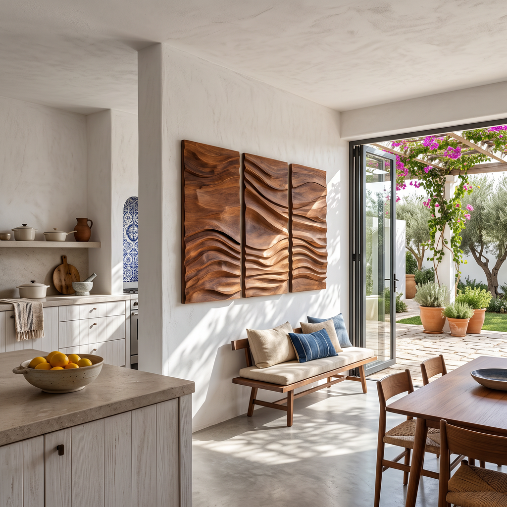 Hand-Carved Hardwood Wave Wall Sculpture for Entryway