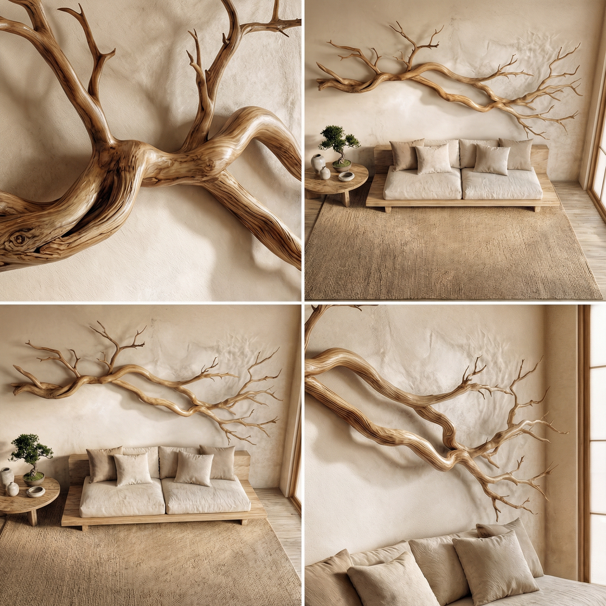 Horizontal Wall Sculpture, Wabi Sabi Carved Wood Hand and Clover