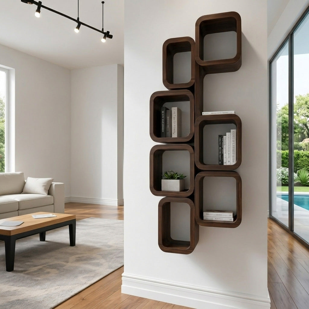 Geometric Interlocking Square Wall Shelf Unit in Wood, 55-79 in