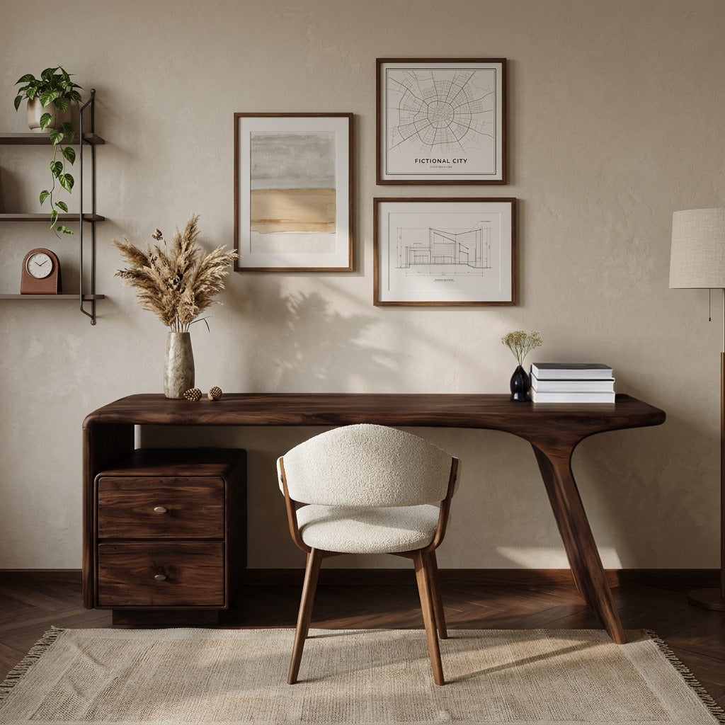 Curved Pedestal Wood Writing Desk with Drawers, 59 to 79 in Wide