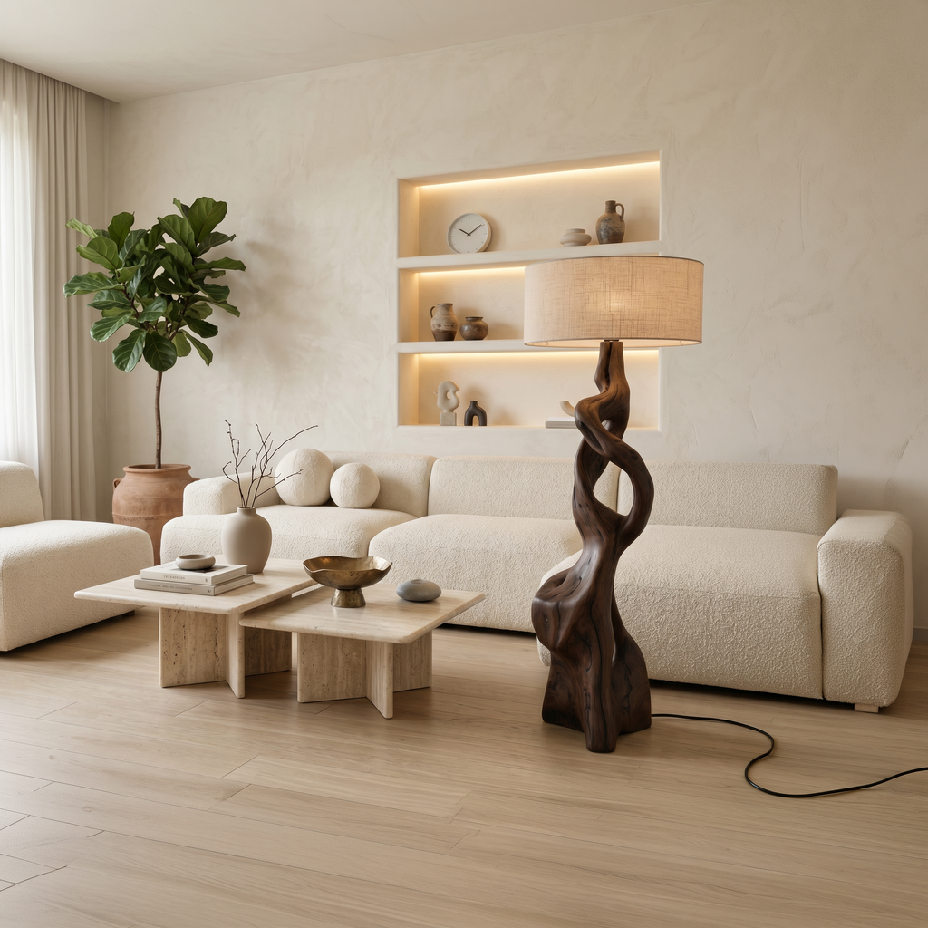 Carved Wood Floor Lamp, Sculptural Twisted Base for Living Room