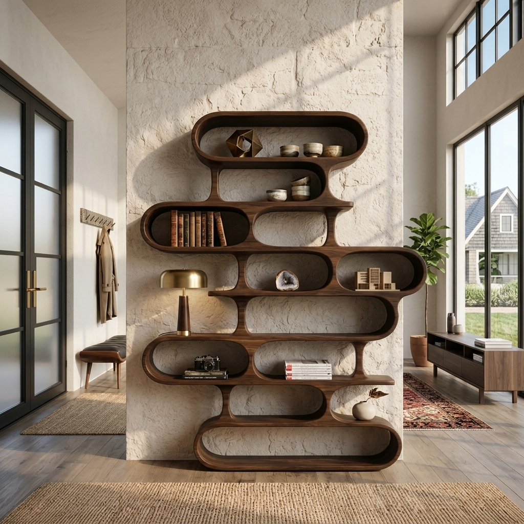 Flowing Curved Frame Wood Bookcase for Office, 63 to 79 in Tall