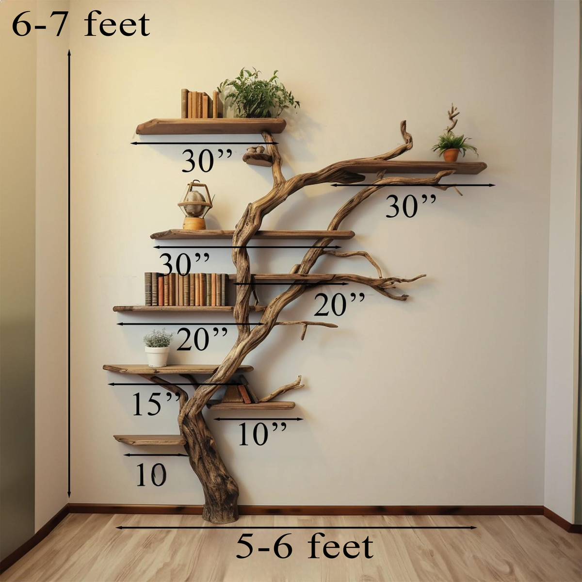 Narrow Corner Tree Branch Wall Shelf in Dark Brown, 84 in Tall