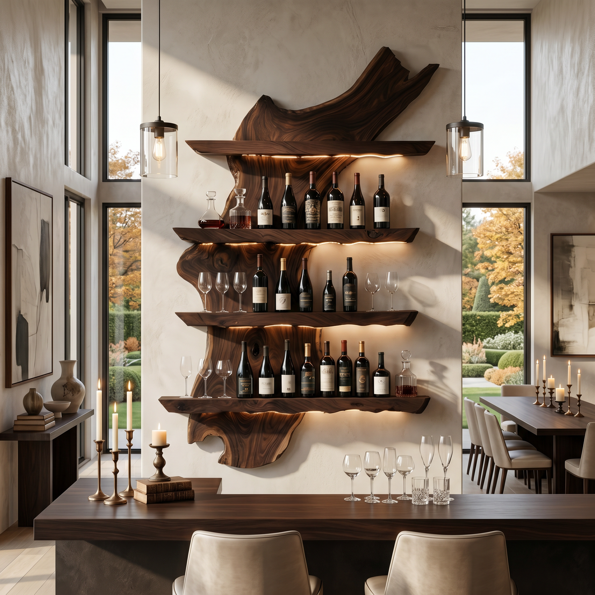 Wall-Mounted Wine Bottle Display in Monkey Pod Wood, 39 to 65 Inch