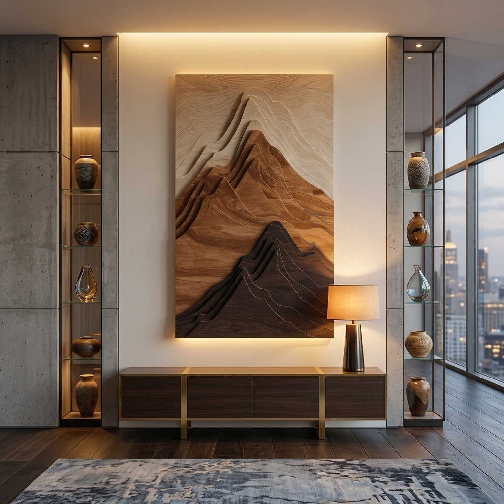 Vertical Mountain Relief Wood Wall Sculpture For Entryways