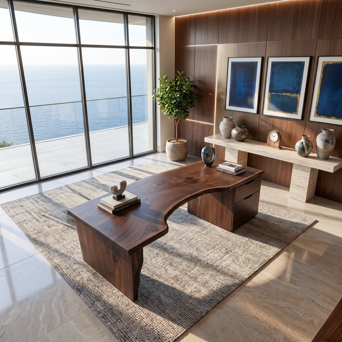 Asymmetric Live Edge Wood Writing Desk with Drawers, 59 to 79 in