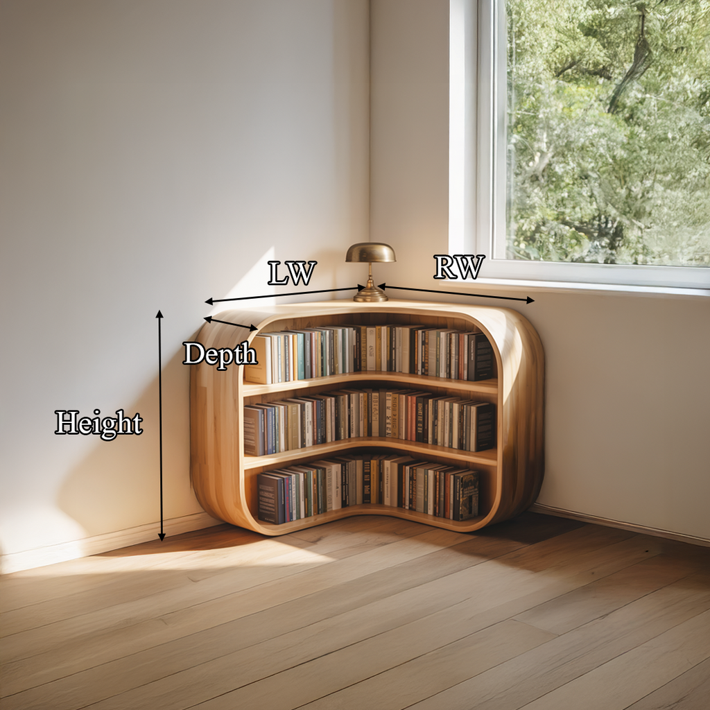 Curved Cubby Corner Bookcase in Natural Wood, 35 or 45 in Tall