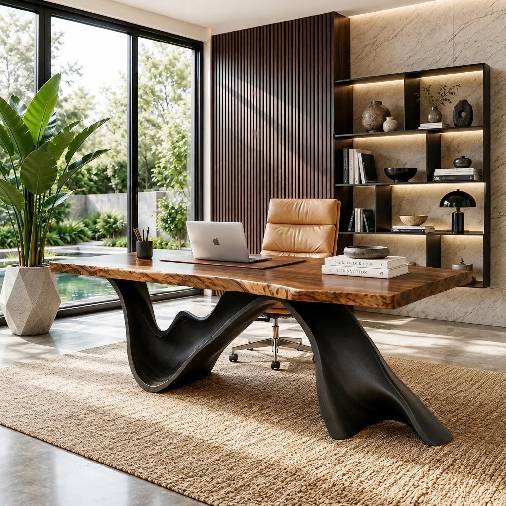 Live Edge Executive Desk With Dark Curved Sculptural Bases