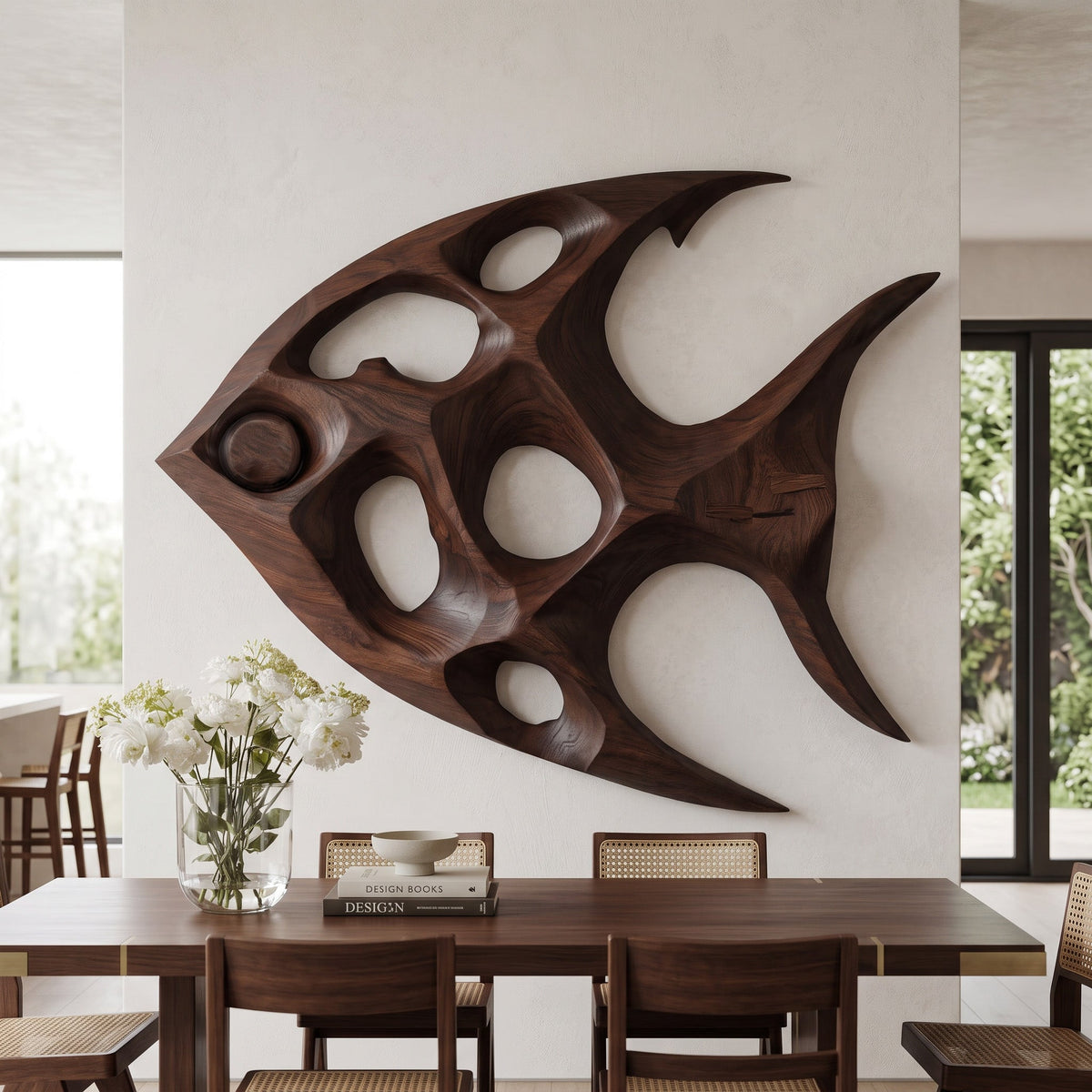 Carved Swimming Fish Wood Wall Sculpture with Open Cutouts
