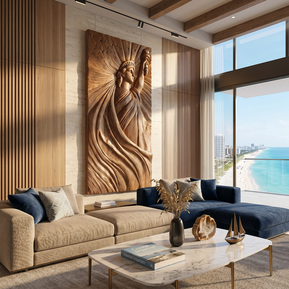 Coastal Modern Statue of Liberty Wood Wall Art, Handcrafted 3D Wooden Icon Sculpture Panel