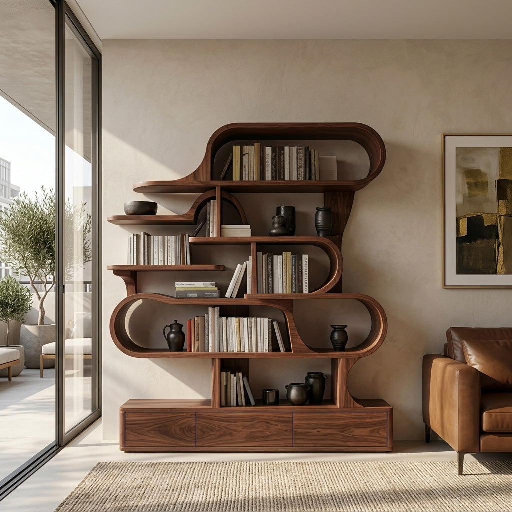 Layered Curve Wood Shelving Unit for Living Room, 59 to 79 in Tall