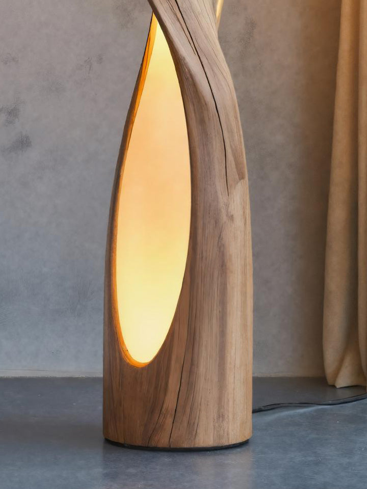 Twisted Solid Wood Floor Lamp with Carved Light Openings