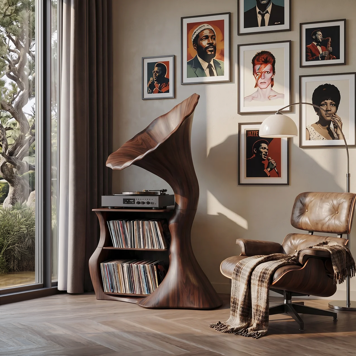 Tall Hardwood Vinyl Record Cabinet with Open Cubbies, 60 to 68 in