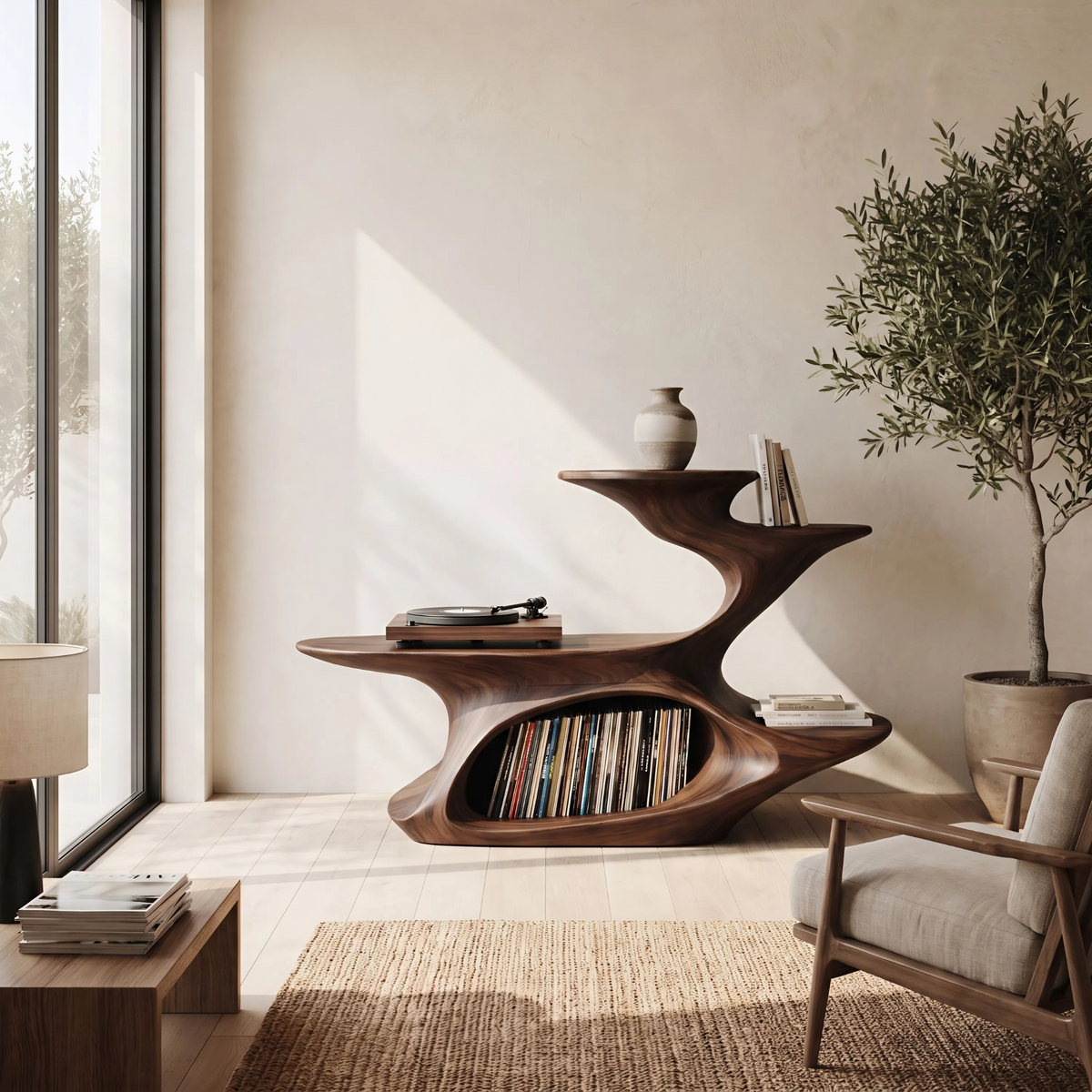 Live Edge Vinyl Record Console, 39 in High, 50 to 60 Inches Wide