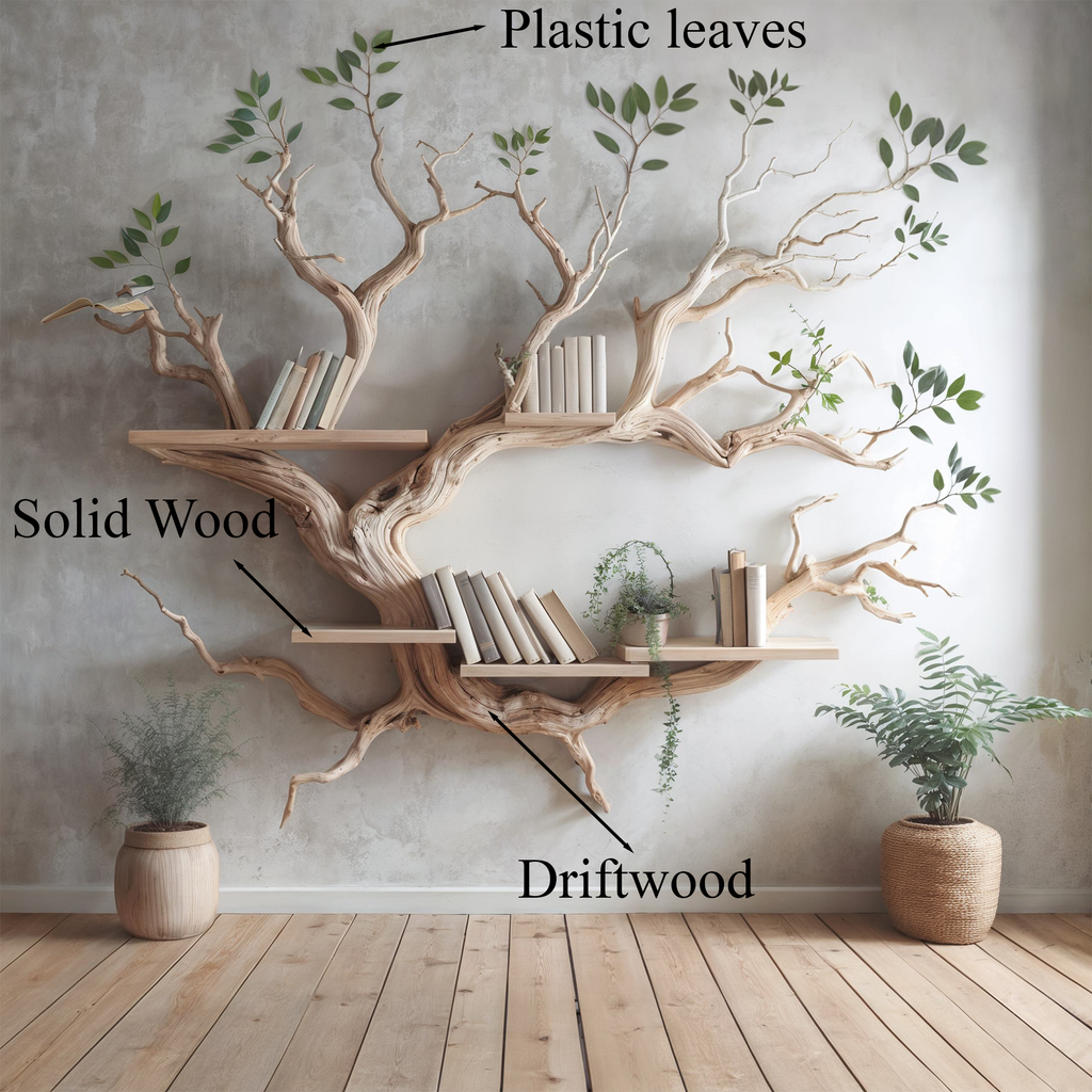 Mid-Century Driftwood Tree Wall Bookshelf, 70 x 60 Inch