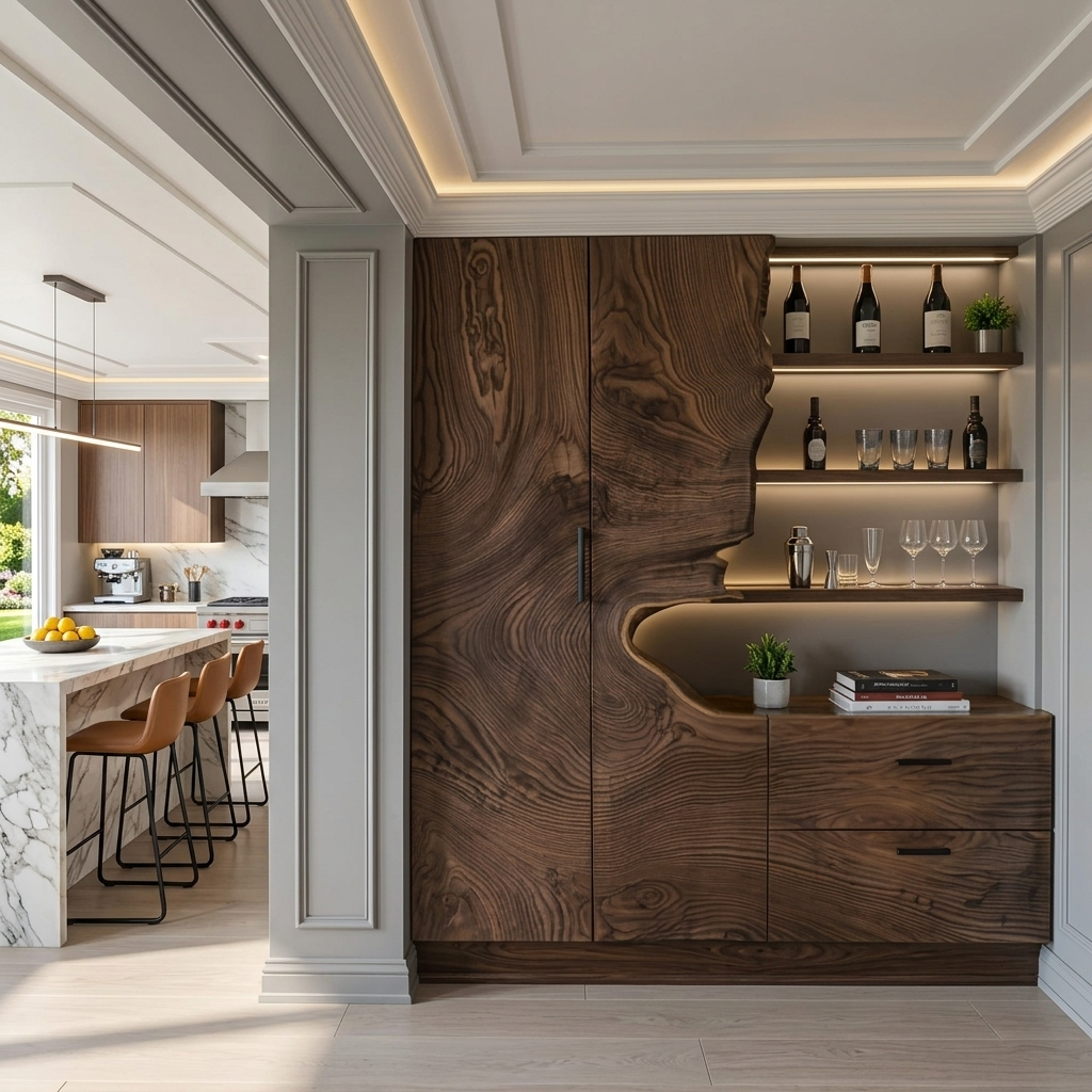 Tall Wall Wine Cabinet with Carved Doors and Bottle Shelves