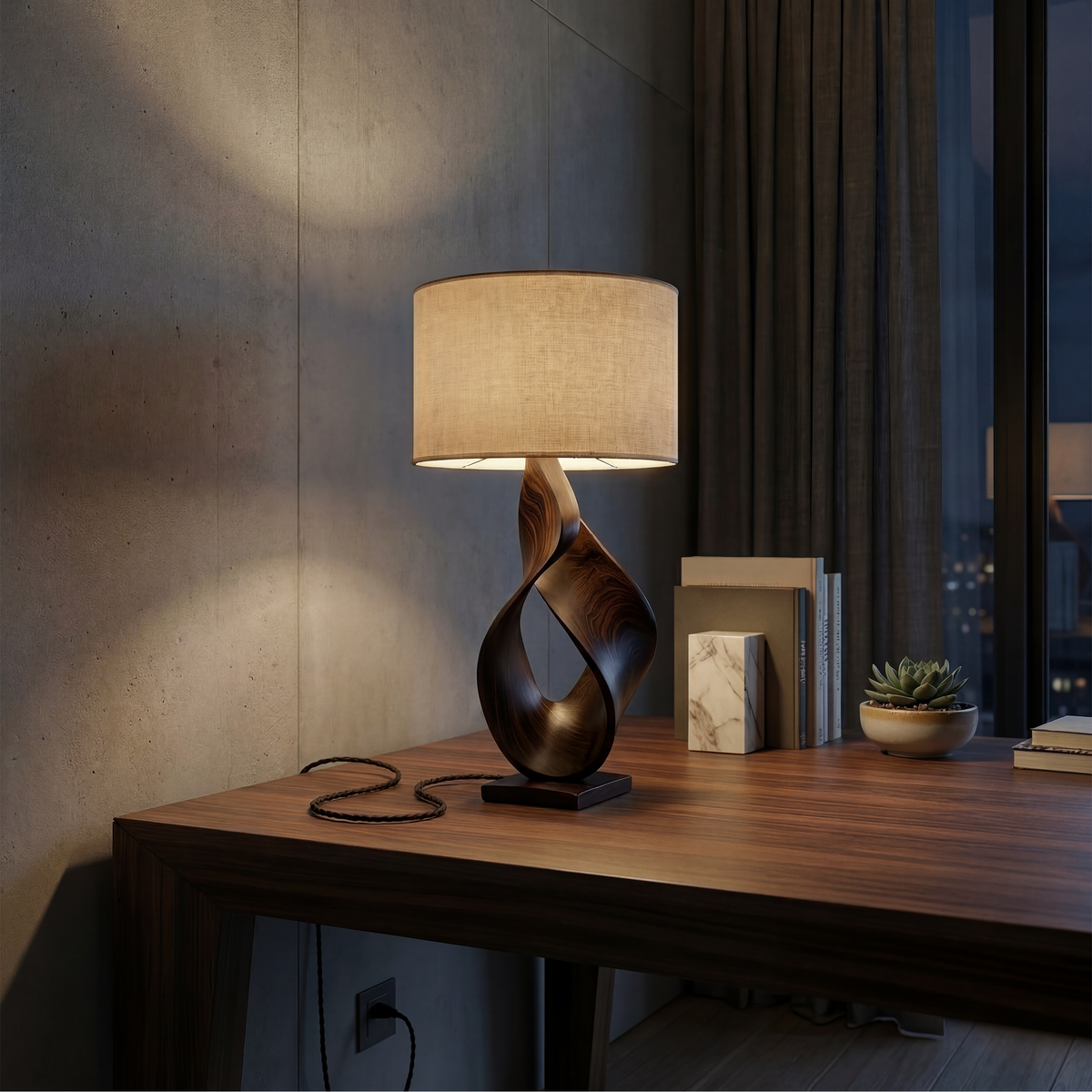 Carved Monkey Pod Wood Accent Lamp for Desk or Shelf, 14 to 20 in
