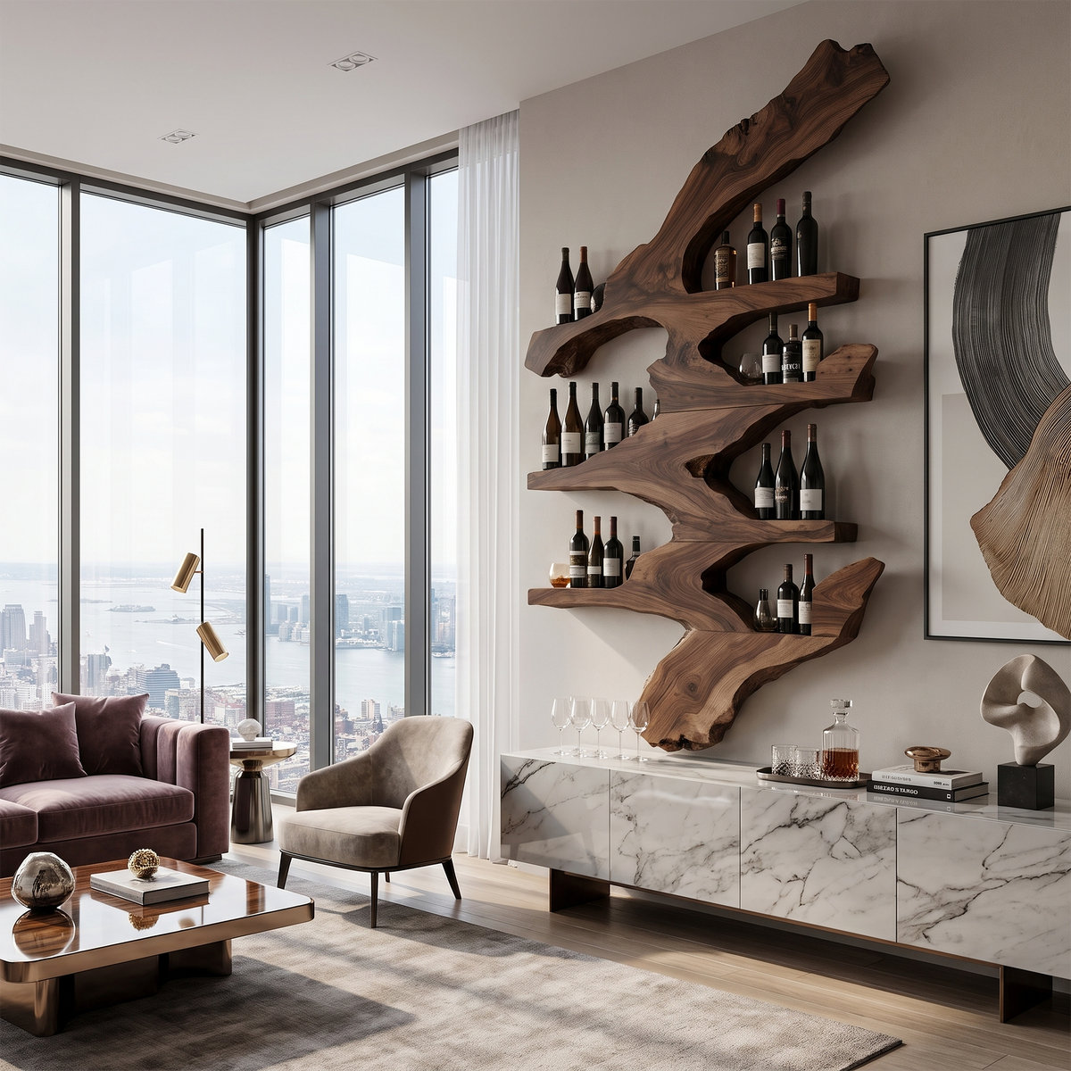 Slim 6-Inch Deep Wood Wine Bottle Wall Rack, 45 to 71 in Tall