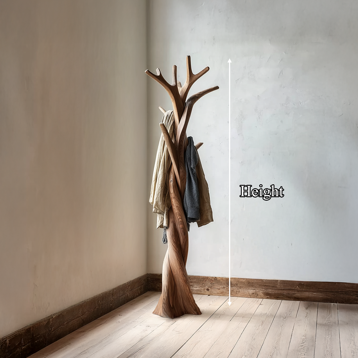 Spiral Trunk Wood Hall Tree with Branch Hooks, 60 to 80 in Tall