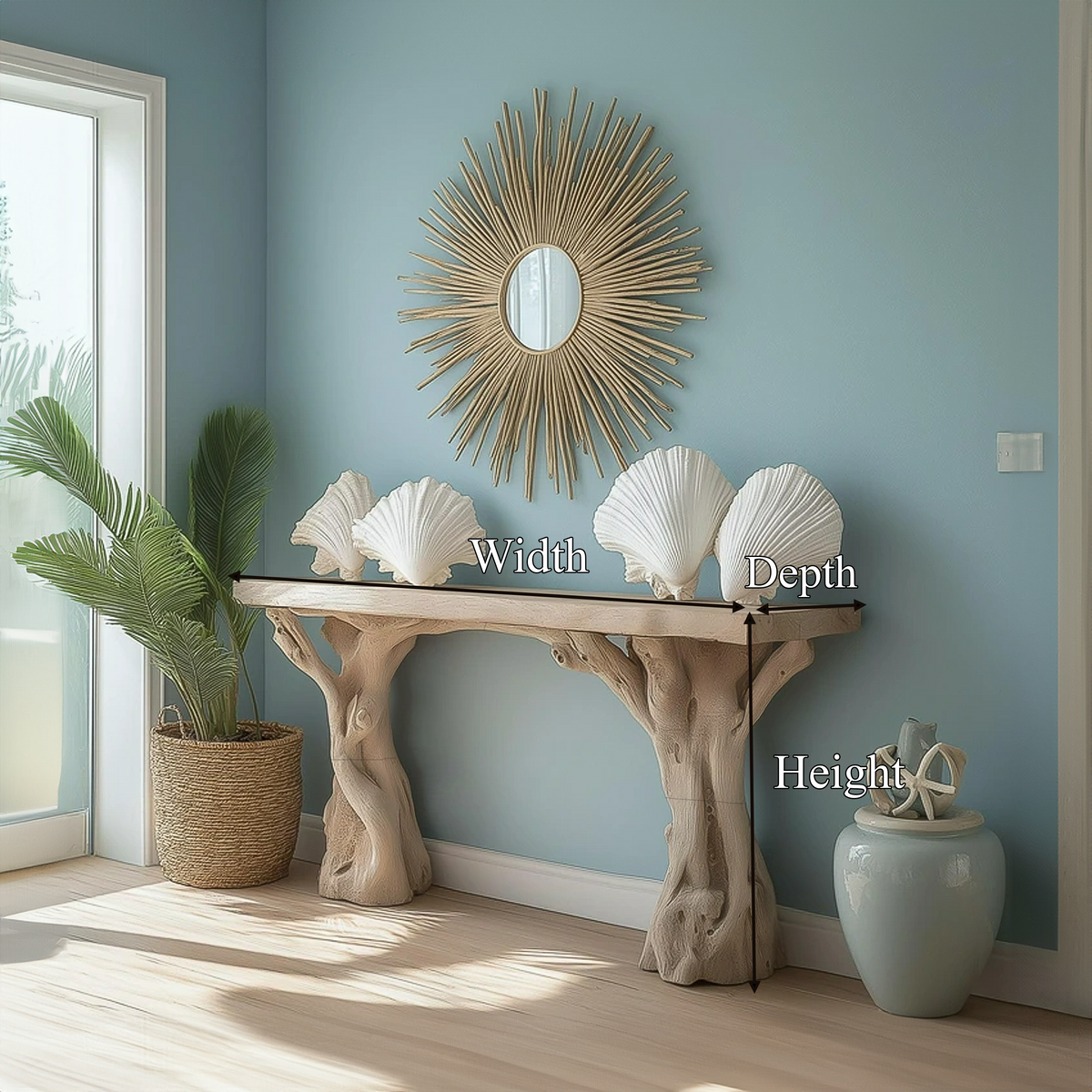 Beach Inspired Wooden Console Table Handcrafted Tree Form Design