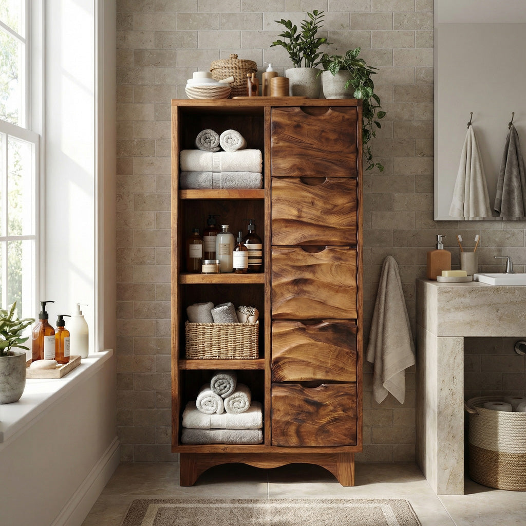 Spa Bathroom Cabinet With Textured Drawers And Open Shelves