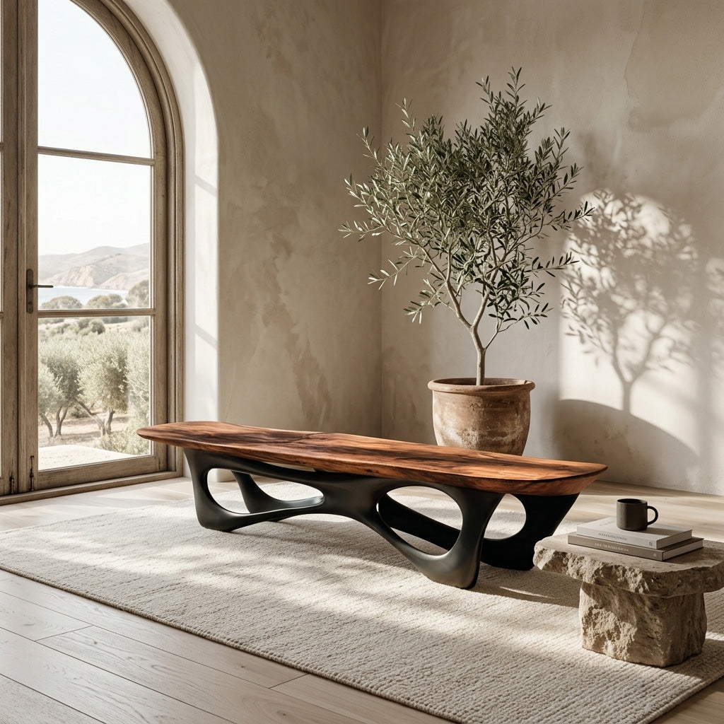 Bold Curve Wood Bench For Apartments, 47 To 73 Inch Long