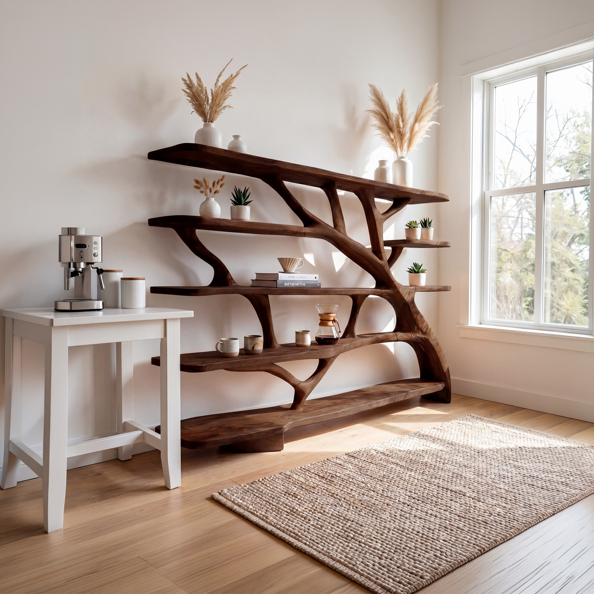 Asymmetric Wavy Wood Bookcase for Bedroom or Reading Nook, 59-83 in