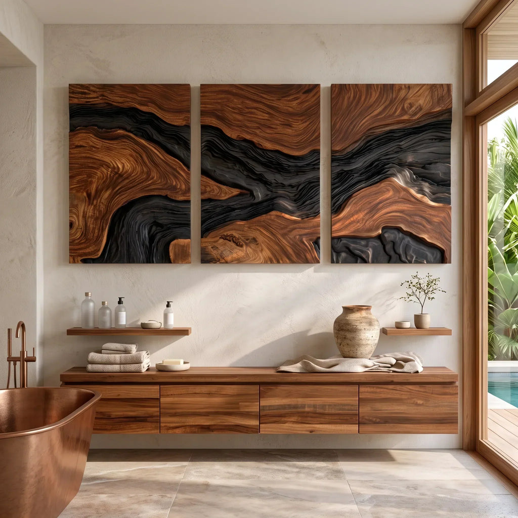 Handcrafted Mountain River Triptych Wall Art Modern Entryway