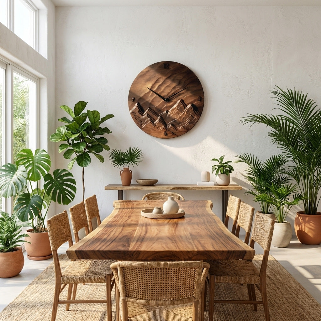 Rustic Wood Landscape Wall Clock, Handcrafted Nature Inspired Wooden Timepiece
