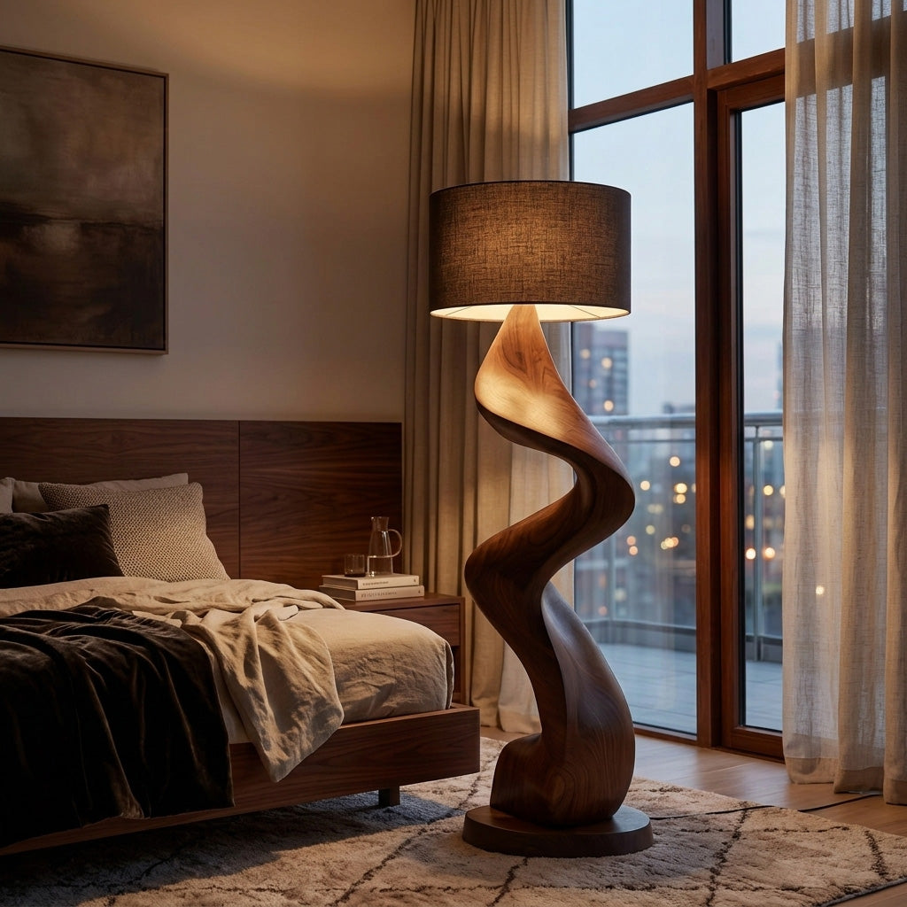 Gracefully Twisted Wood Base Floor Lamp, Fabric Shade, 39-63 in