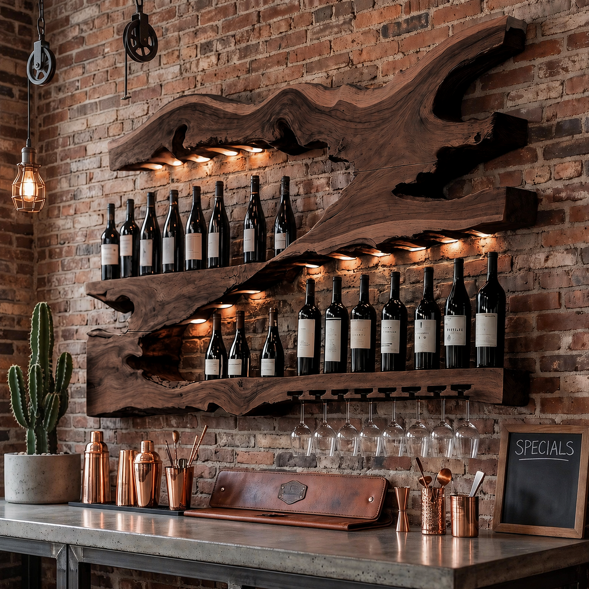 Mid-Century Monkeypod Wood Wall Wine Rack with Minimalist Shelf