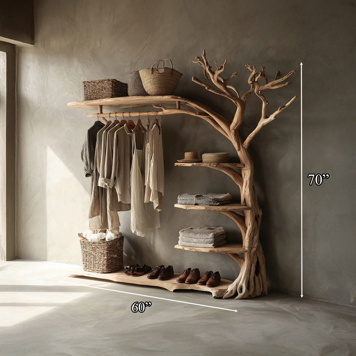 Rustic Tree Branch Coat Rack with Shoe Shelf and Live Edge
