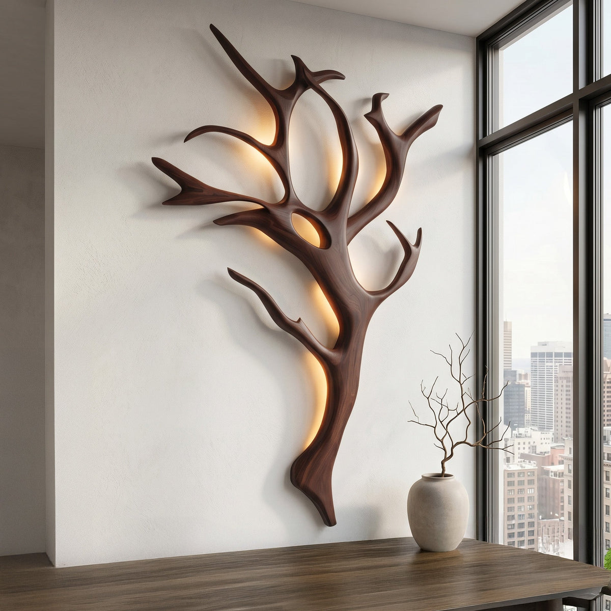 Handcrafted Wood Tree Branch Wall Lamp with Integrated Lighting