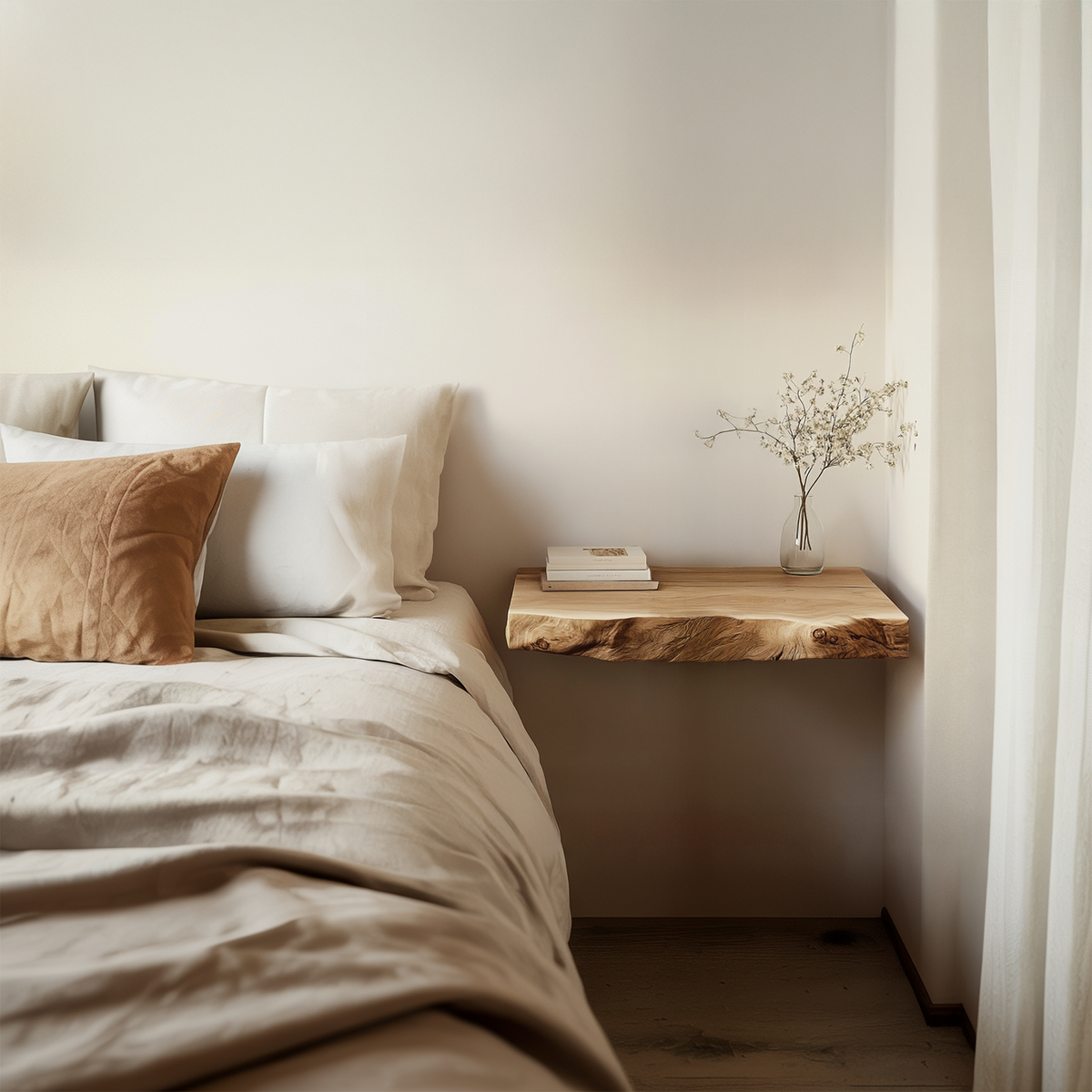 Floating Nightstand, Rustic Solid Wood Block Wall Shelf for Bedroom