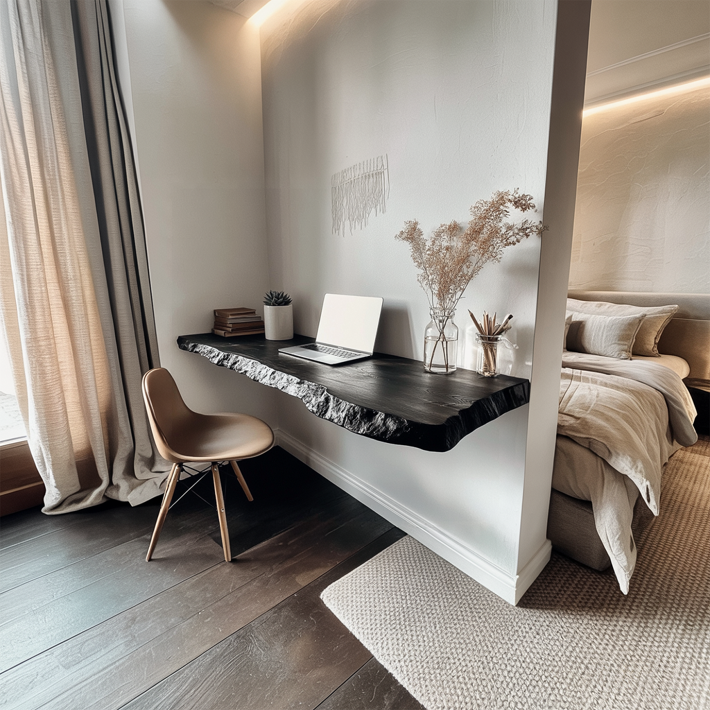 Wall Mounted Floating Desk, Black Finish Solid Wood Slab for Bedroom