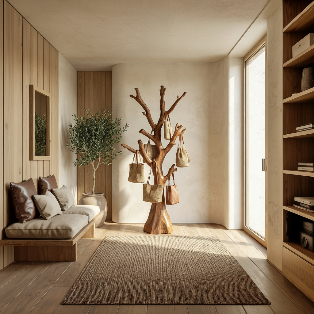 Tree Coat Rack Stand, Hand-Carved Rustic Wood Branch Hall Tree