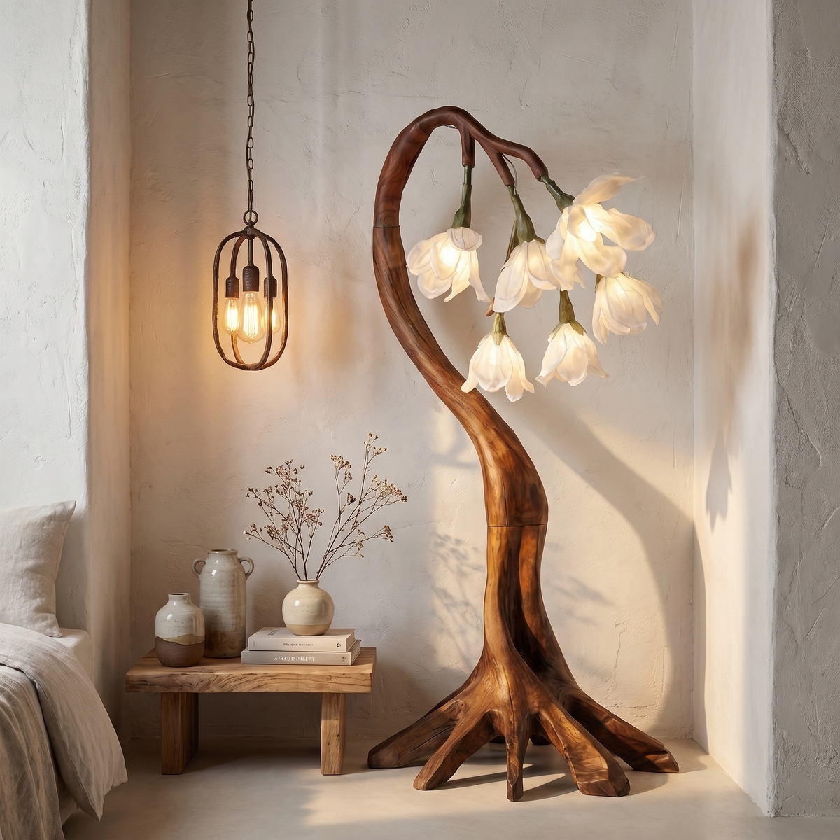 Petal Shade Floor Lamp on Curved Wood Branch Stand, 51 or 61 in