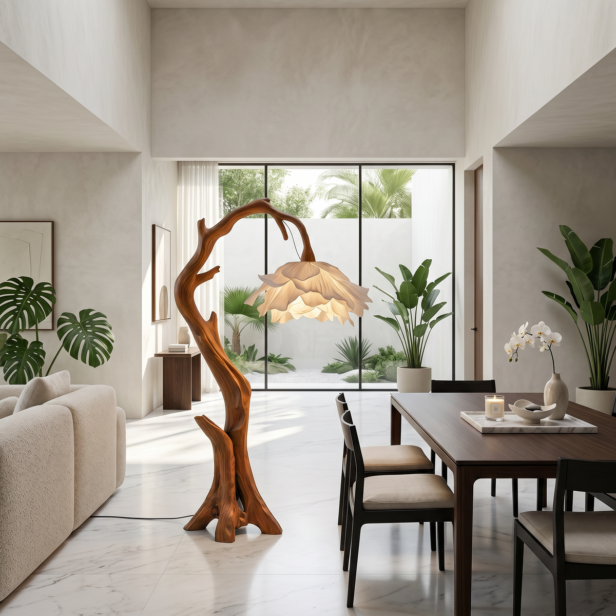 Wood Base Floor Lamp with Flower-Shaped Shades, 51 or 61 in Tall