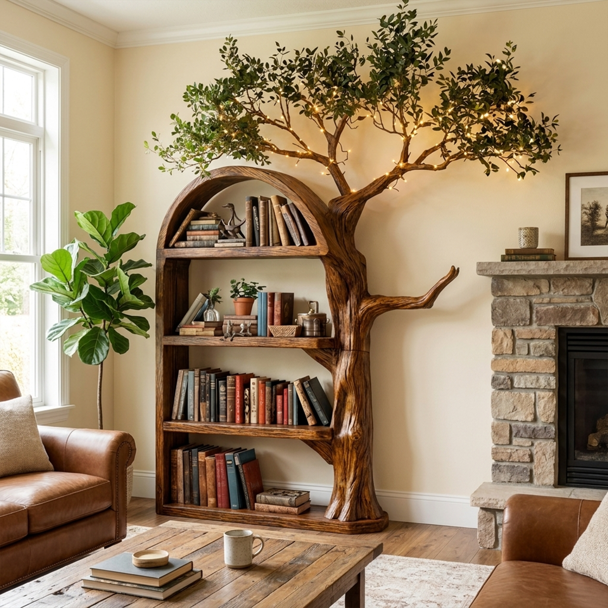 Brown Branch Wall Bookcase with Concealed Brackets, 70 x 60 in