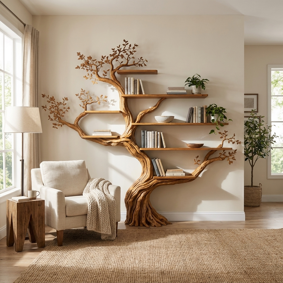 Floral-Style Branch Wall Bookcase, 70 x 70 Inch Living Room Feature