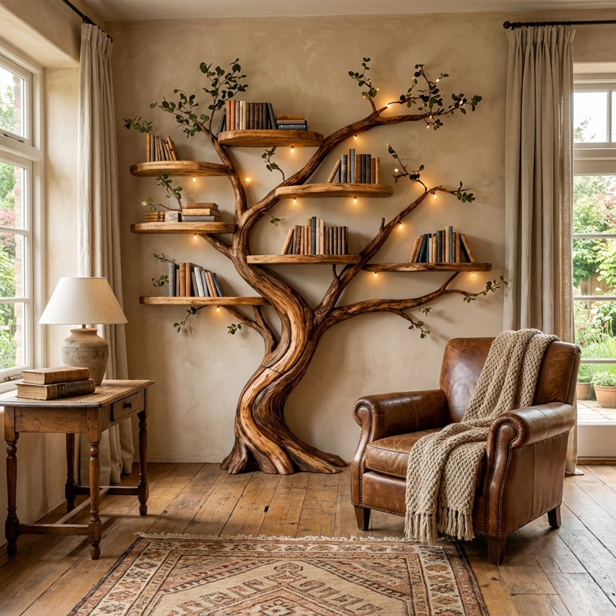 Blossom Branch Wall Bookshelf with Floating Shelves, 70 Inch Square