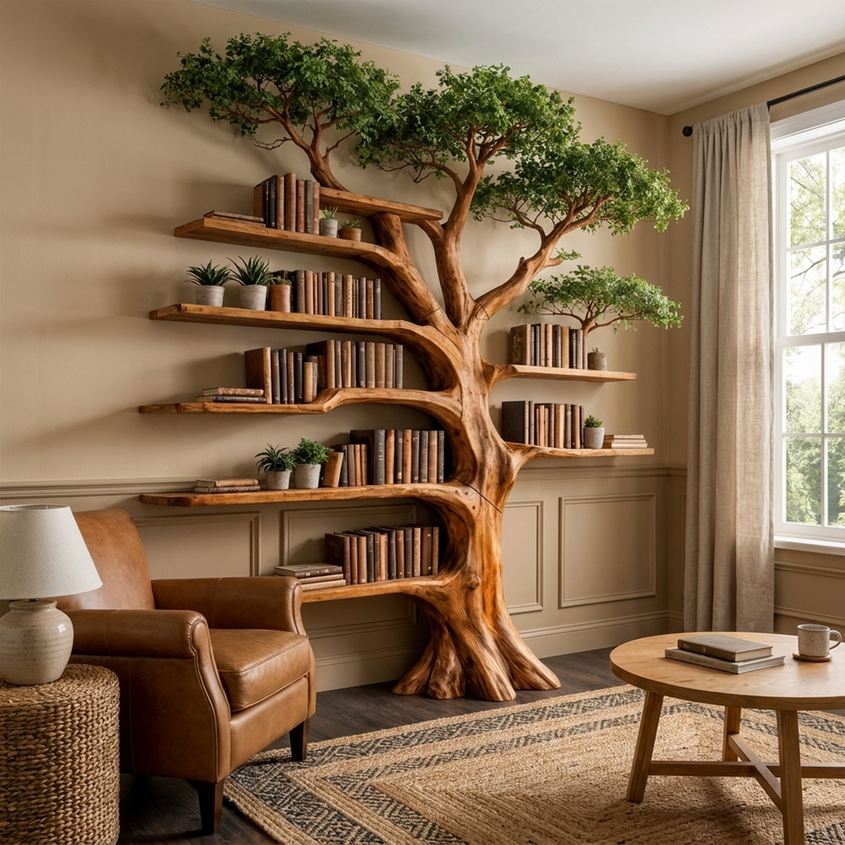 Tree Display Bookcase with Bench Seat for Reading Nooks, 70 x 80 in