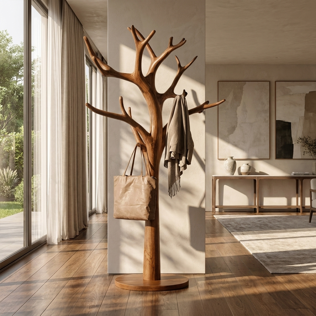 Wall-Fixed Driftwood Branch Coat Hanger for Mudrooms, 60 to 80 in