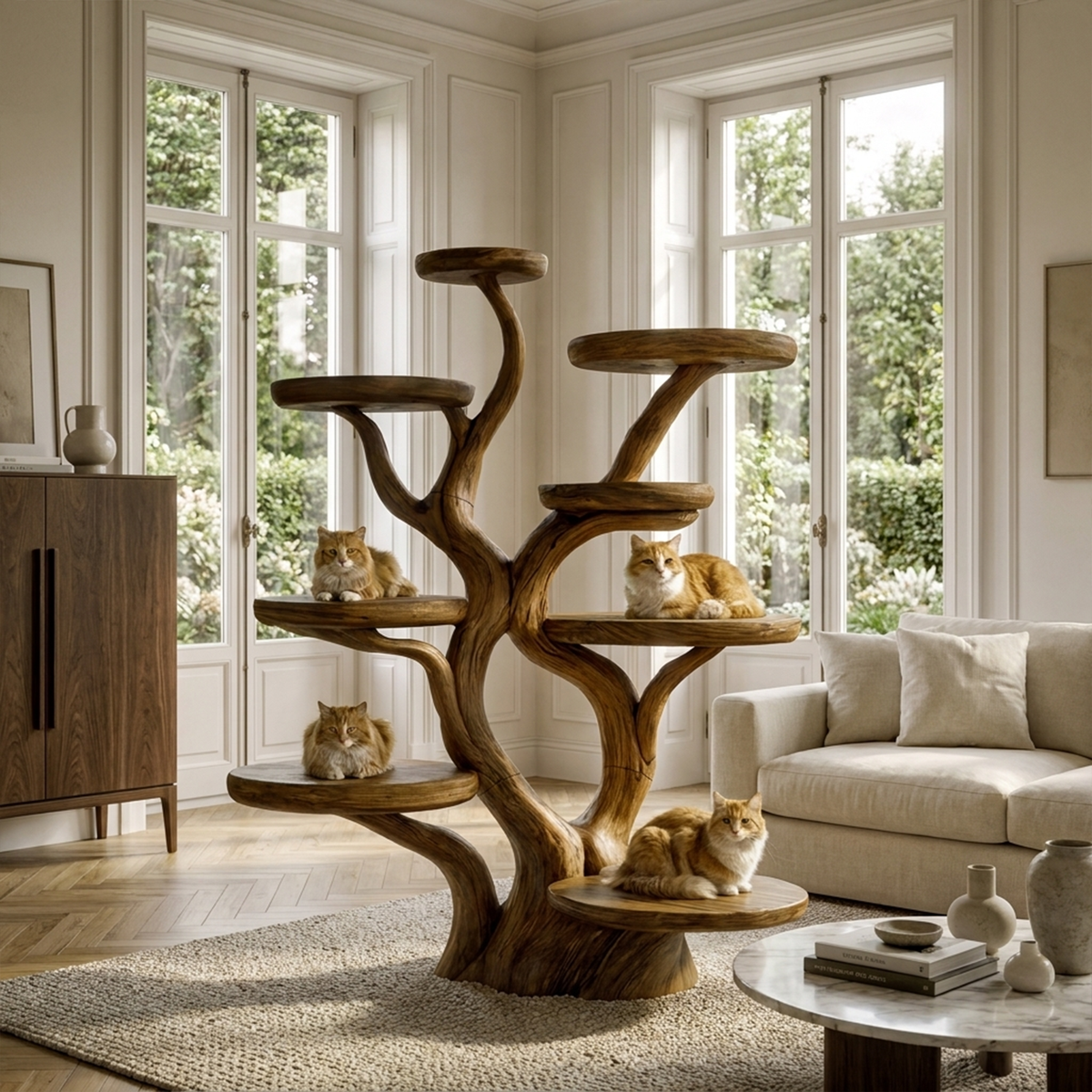 Rustic Solid Wood Cat Tree with Curved Trunk and Tiered Platforms