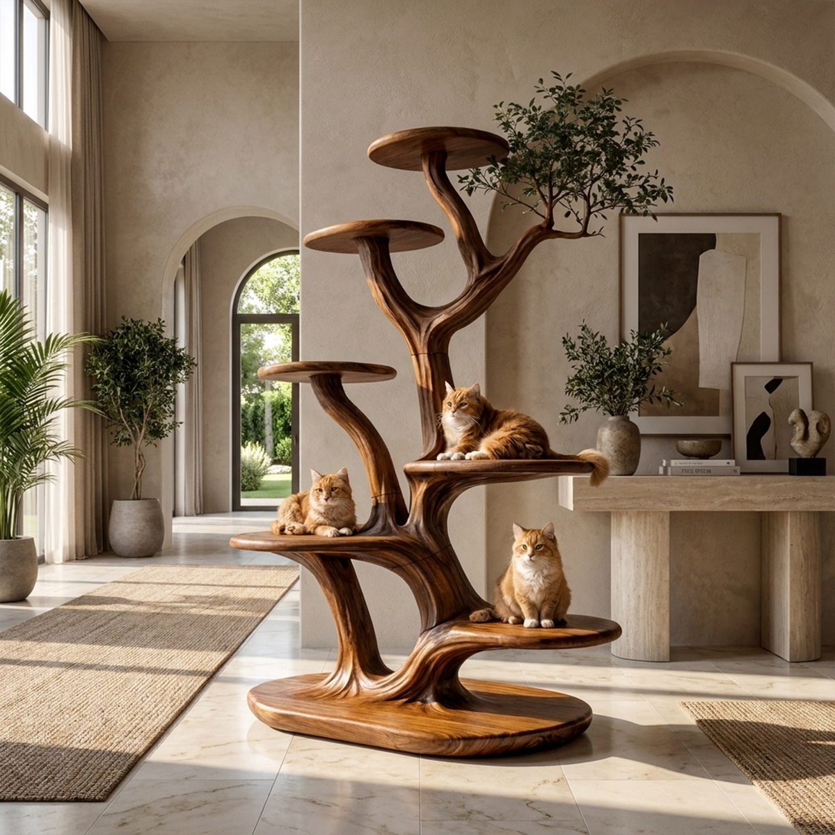Cat Tree Tower, Rustic Solid Wood Climbing Furniture for Living Room