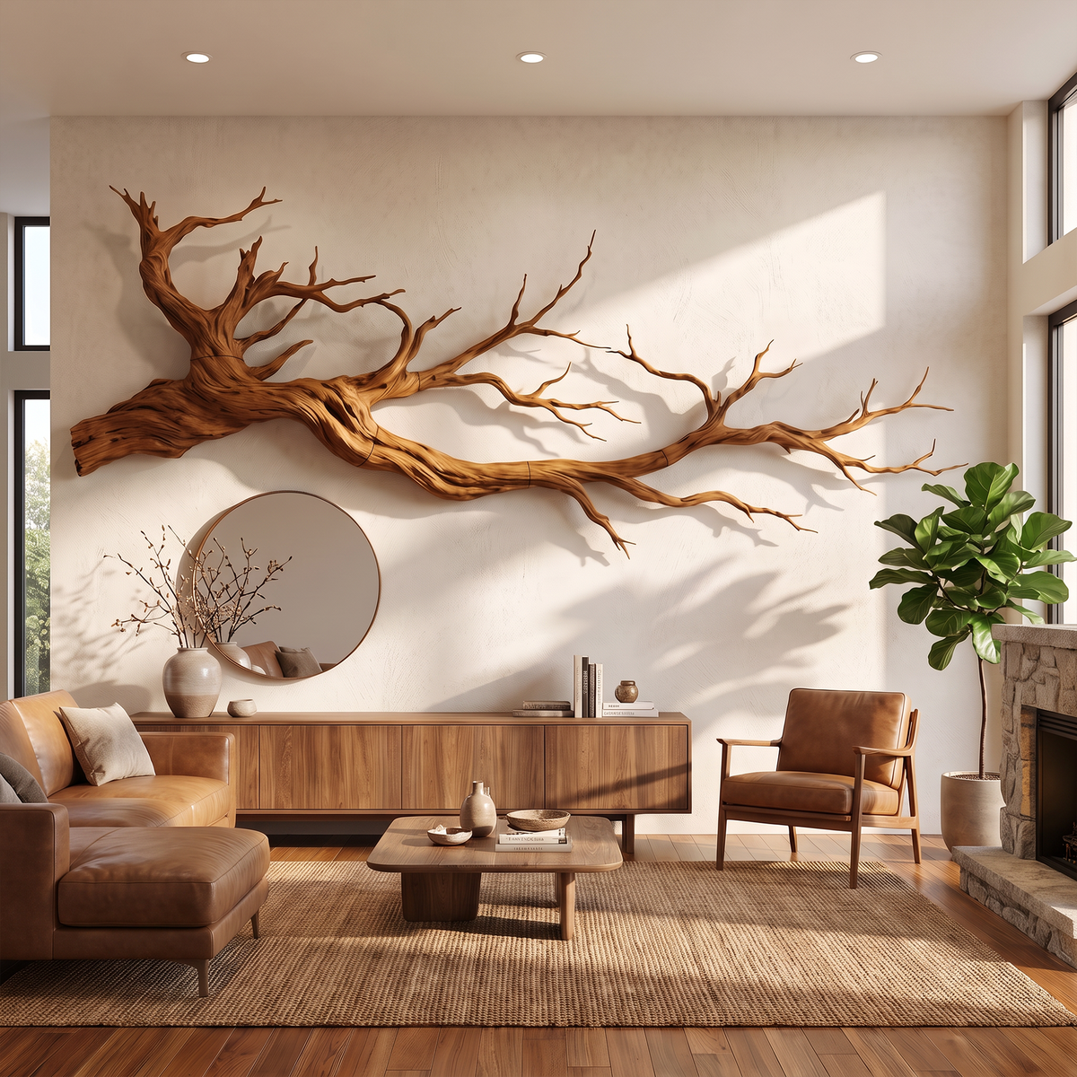 Intertwined Root 3D Wall Sculpture in Natural Wood, 51 to 80 Inch Long