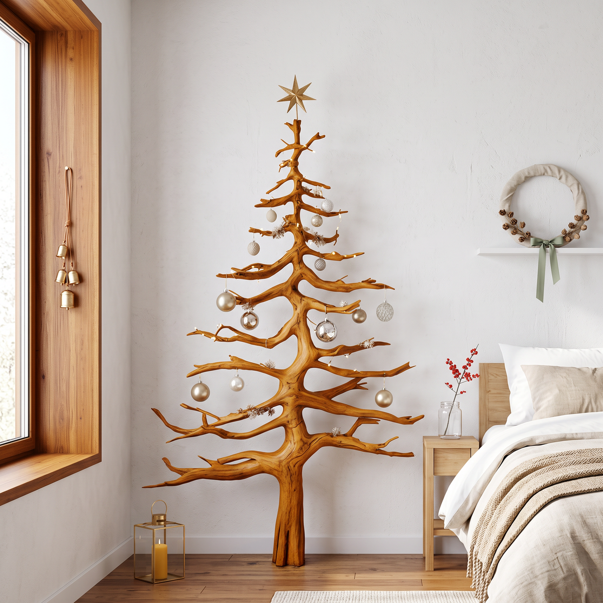 Evergreen Tree Shaped Wood Wall Shelf with Crossed Branches, 70 in
