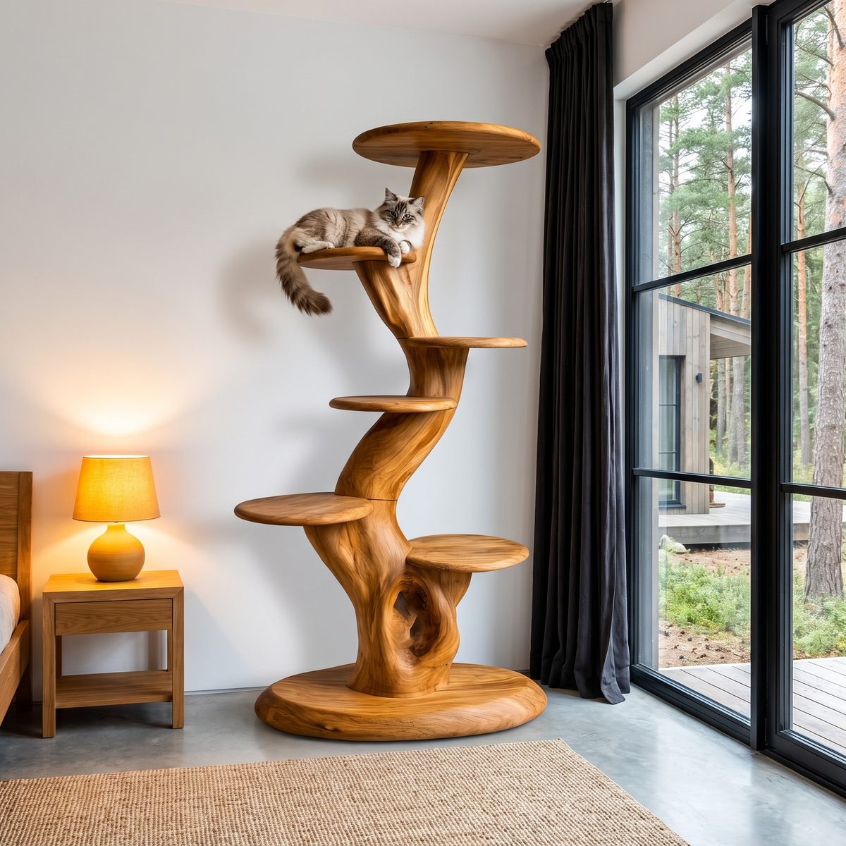 Rustic Sculptural Cat Tree With Multi Level Platforms For Living Room