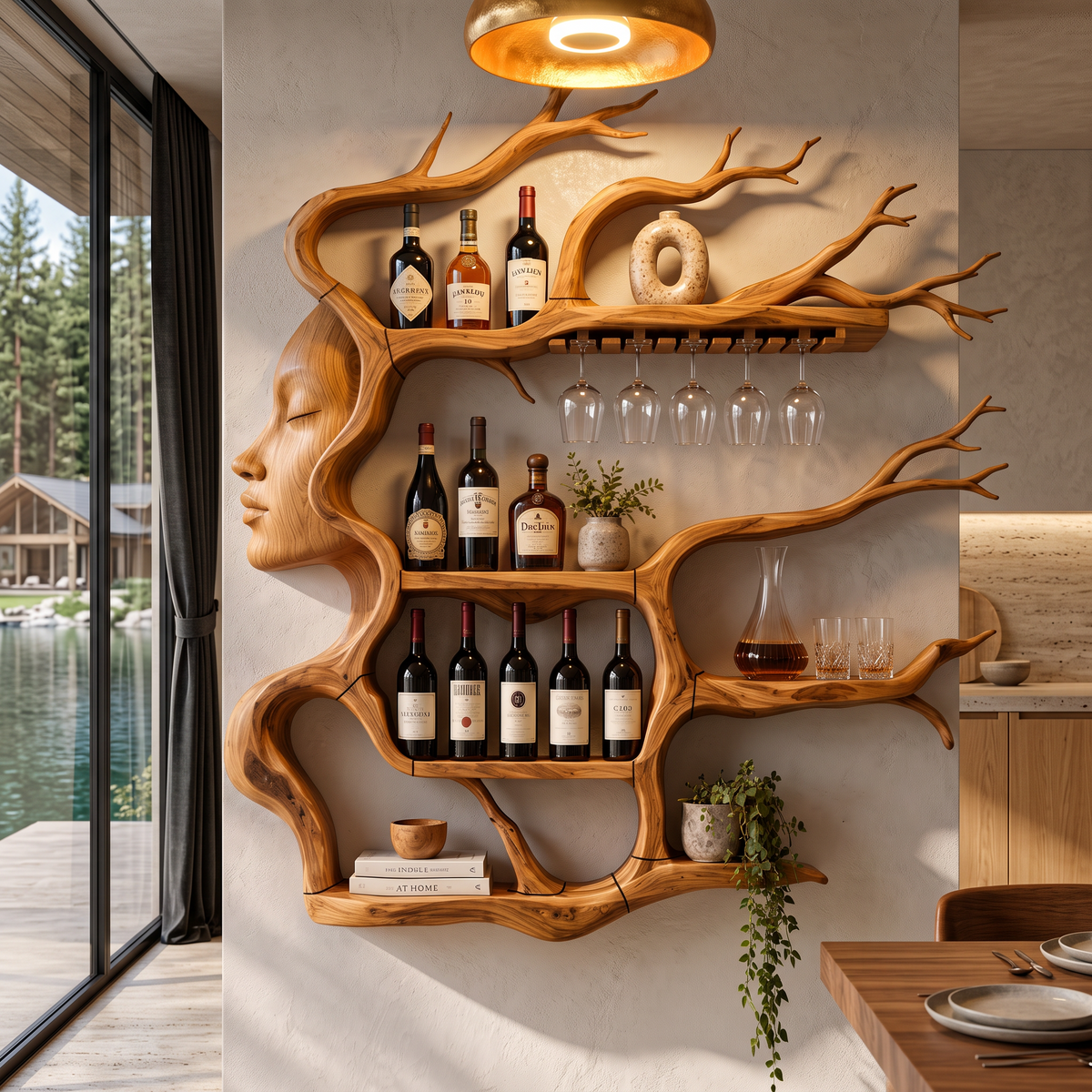 Contemporary Wall Mounted Wine Rack With Sculptural Face Tree Design For Dining Room
